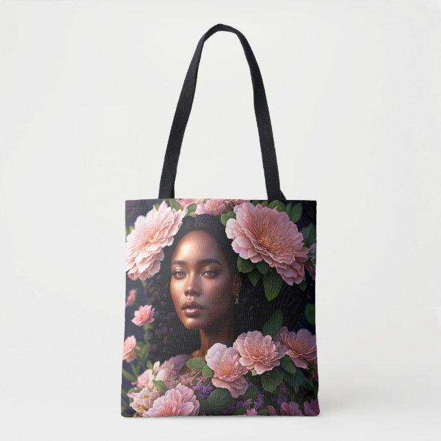 Tote Bag Femme noire Art numérique floral rose (Devant)
