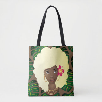 Tote Bag Femme noire, Blonde Afro, Feuilles verts, Brown