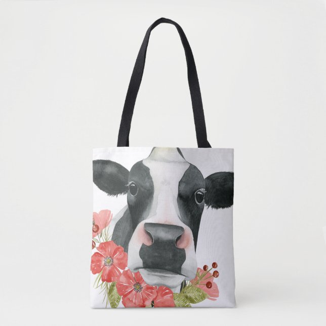 Tote Bag Ferme à pavot - Vache aux fleurs (Devant)