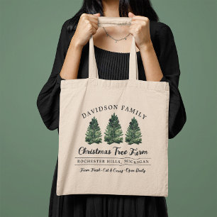 Tote Bag Ferme de sapins de Noël à l'aquarelle Nom de famil
