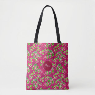 Tote Bag Festif Motif de feuillage de canneberge, Fuchsia