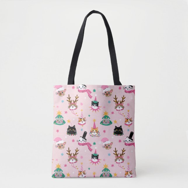 Tote Bag Festive Chat Faces en Motif Casquette de vacances (Devant)