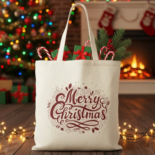 Tote Bag Festive Red Joyeux Noël (Festive Red Merry Christmas Holiday Tote Bag)