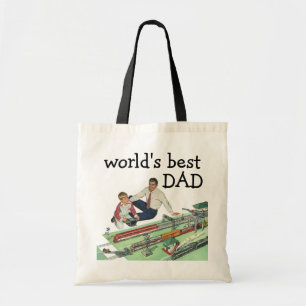 Tote Bag Fête des Pères vintage, papa et fils avec des trai