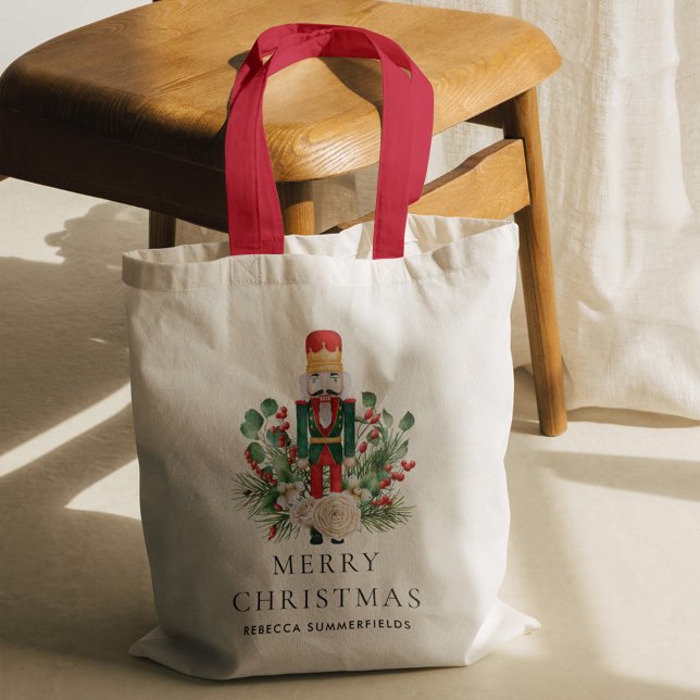 Tote Bag Fêtes de Noël Nutcracker Famille Keepsaké (Christmas Nutcracker Greenery Red Berries Red Handles Tote Bag)