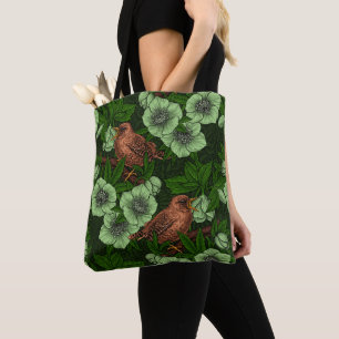Tote Bag Feu et hellebore sur vert foncé
