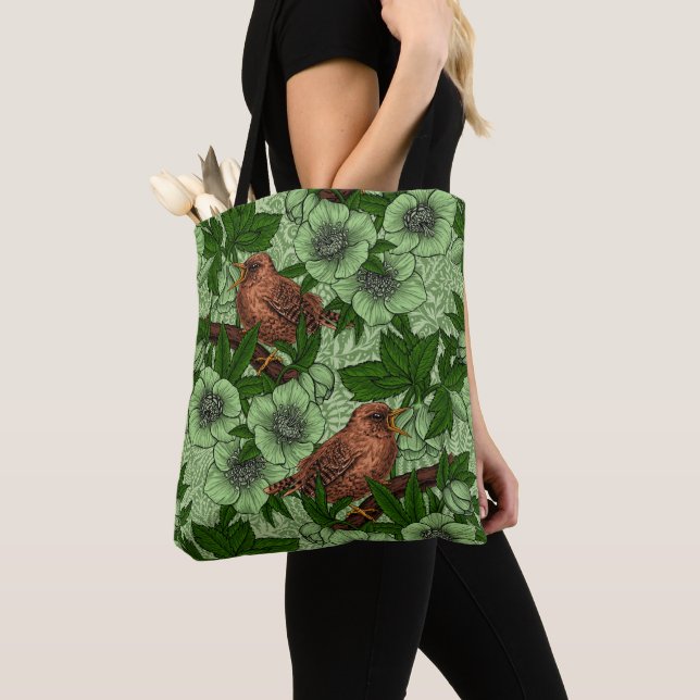 Tote Bag Feu et hellebore, vert clair (De près)