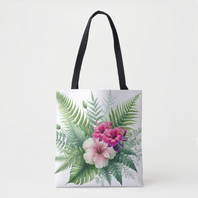 Tote Bag Feuillage tropical et fleurs d'Hibiscus (Devant)