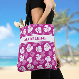 Tote Bag Feuille de Monstera Tropical Rose Blanc Magenta Mo