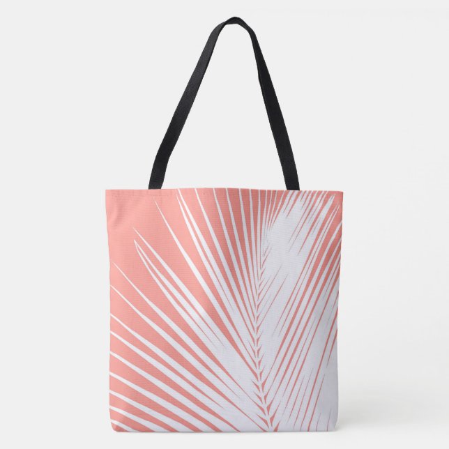 Tote Bag Feuille de palme - blanc sur corail rose (Devant)