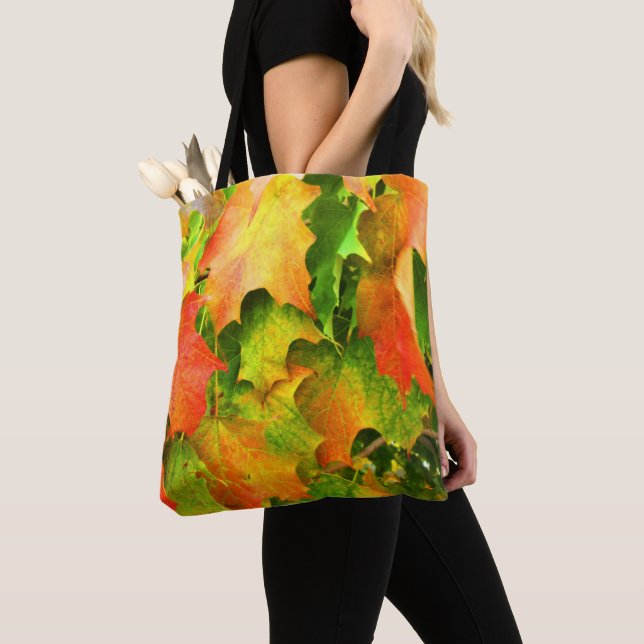 Tote Bag Feuilles d'automne Couleurs d'automne Orange Vert  (De près)