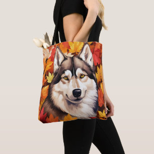 TOTE BAG FEUILLES D'AUTOMNE ORANGE & CHIEN HUSKY DE SIBÉRIE