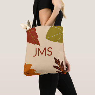 Tote Bag Feuilles d'automne Vert Brown et orange Monogramme