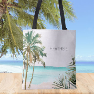 Tote Bag Feuilles de palmier tropicales monogrammées Plage 