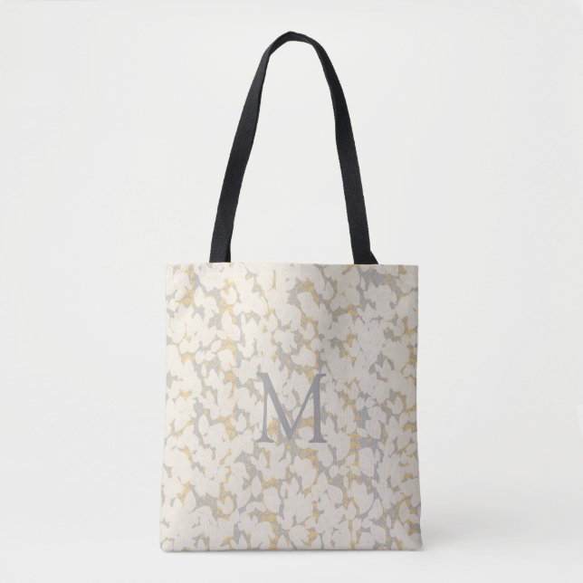 Tote Bag Feuilles d'or gris crème monogramme Design abstrai (Devant)