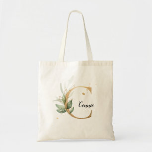 Tote Bag Feuilles d'or Vert Élégant Feuillage Monogramme