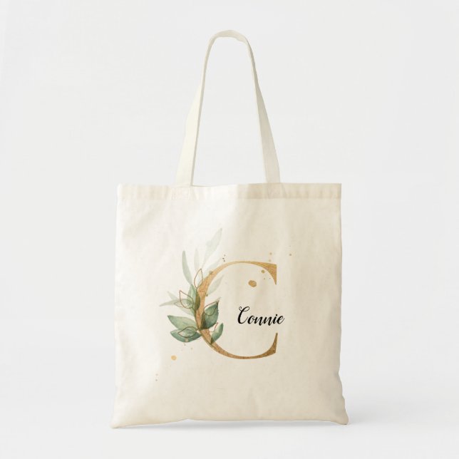 Tote Bag Feuilles d'or Vert Élégant Feuillage Monogramme "C (Devant)
