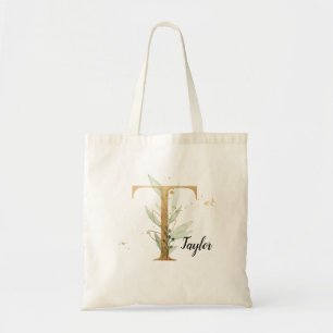 Tote Bag Feuilles d'or Vert Élégant Foliage Monogramme "T
