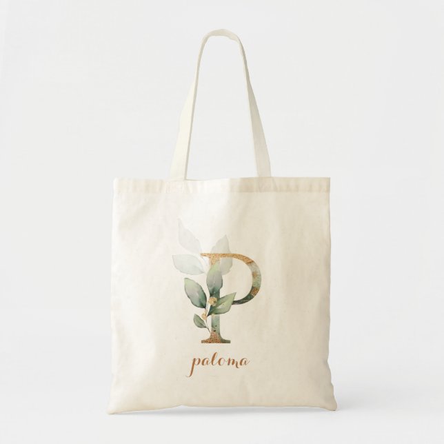 Tote Bag Feuilles d'or vert feuillage Lettre personnalisée  (Devant)
