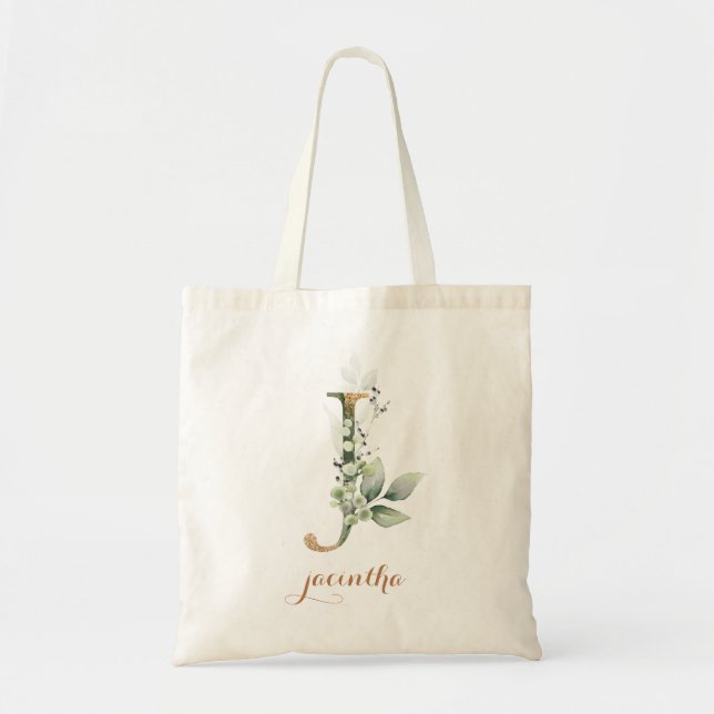 Tote Bag Feuilles d'or vert feuillage Lettre personnalisée  (Devant)