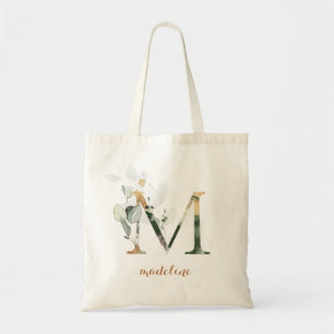 Tote Bag Feuilles d'or vert feuillage Lettre personnalisée