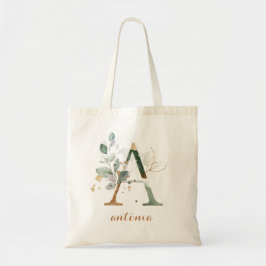 Tote Bag Feuilles d'or vert feuillage Lettre personnalisée 
