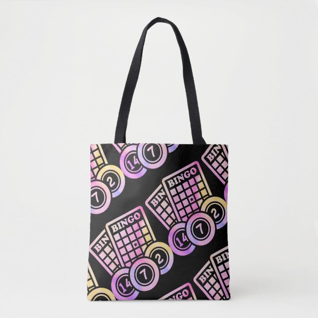 Tote Bag Feuilles et boules de bingo - rose et jaune (Devant)