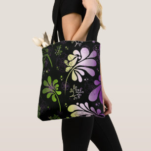Tote Bag Feuilles et fleurs colorés stylisés sur noir