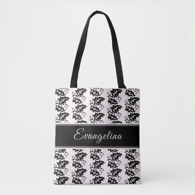 Tote Bag Feuilles noirs rose vif personnalisés (Devant)