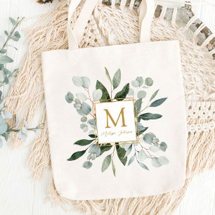 Tote Bag Feuilles tropicales vertes aquarelle Monogramme