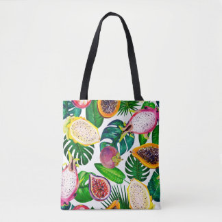 Tote Bag Feuilles tropicaux, fruits, gouache sans couture m