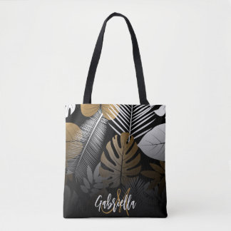 Tote Bag Feuilles tropicaux noirs et dorés