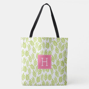 Tote Bag Feuilles verts de chaux Motifs et Monogramme rose