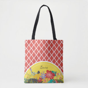 Tote Bag Fiesta Rouge Floral Quatrefoil d'été avec nom