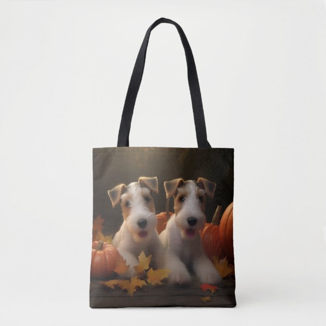 Tote Bag Fil Fox Terrier Puppy Automne Citrouille de plaisi (Devant)