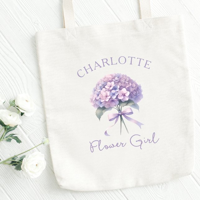 Tote Bag Fille à fleurs à hydrangée violette personnalisée (Celebrate your flower girl with this personalized hydrangea tote—sweet and elegant.)