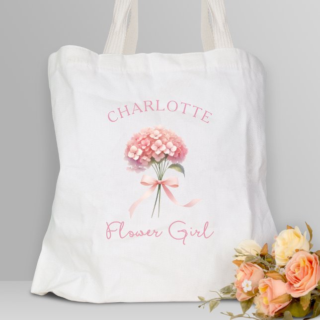 Tote Bag Fille à fleurs à la bow de l'Hydrangée rose person (Add a pop of floral elegance to your wedding with this custom flower girl tote—stylish and memorable)