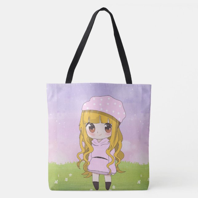 Tote Bag fille anime heureux avec des fleurs (Devant)