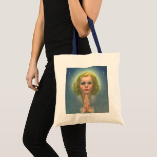 Tote Bag Fille Blonde Angélique avec Halo et Étoiles Priant