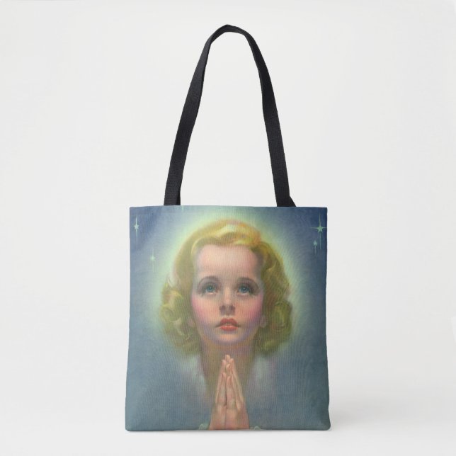 Tote Bag Fille blonde angélique avec halo et étoiles priant (Devant)