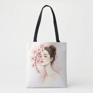 Tote Bag Fille du Cerisier Fleurissant – Flore Aquarelle