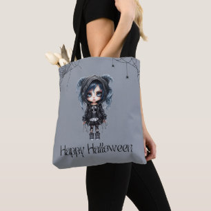 Tote Bag Fille gothique avec toiles d'araignées et araignée