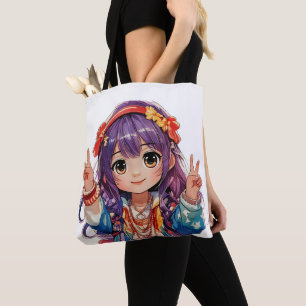 Tote Bag Fille Hippie au Signe de Paix