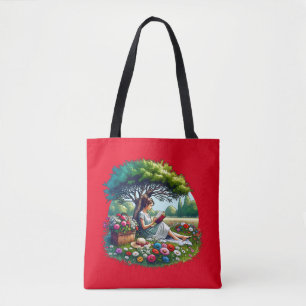 Tote Bag Fille lisant sous un arbre entouré de fleurs