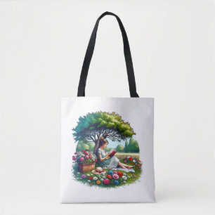 Tote Bag Fille lisant sous un arbre entourée de fleurs