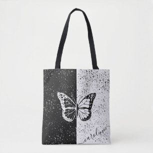Tote Bag Fille Papillon noir & blanc Élégant Nom personnali