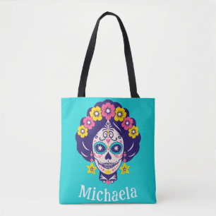 Tote Bag Fille personnalisée crâne de sucre floral brillant