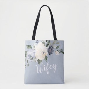 Tote Bag Fille personnalisée en bleu poussiéreux botanique