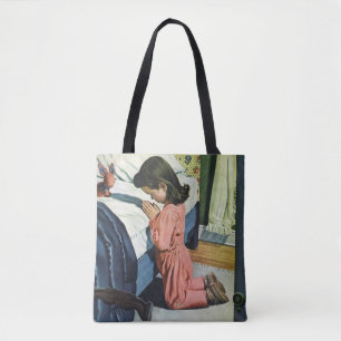 Tote Bag Fille priant au coucher, la prière du Seigneur