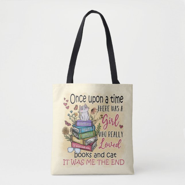 Tote Bag Fille qui aime les livres et les chats (Devant)